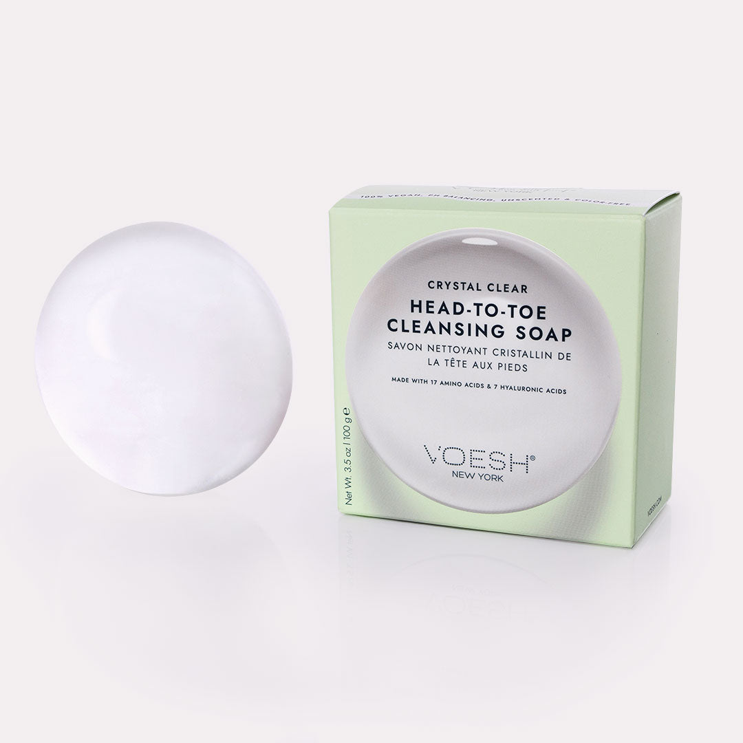 Crystal Clear Head-To-Toe Cleansing Soap and packaging on a gray background.